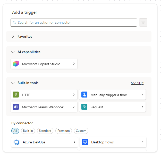 Screenshot of the Add trigger dialog in a new agent flow in Copilot Studio.