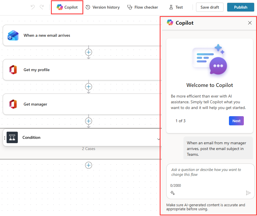 Screenshot of the Copilot pane open in the agent flow designer in Copilot Studio.