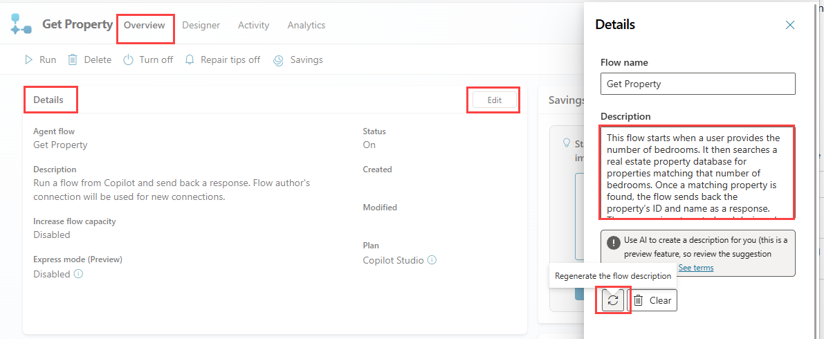 Screenshot of the Copilot description suggestion in the flow overview in Copilot Studio.