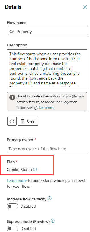 Screenshot showing agent flow details, including name, description, status, and the Plan used in Copilot Studio.