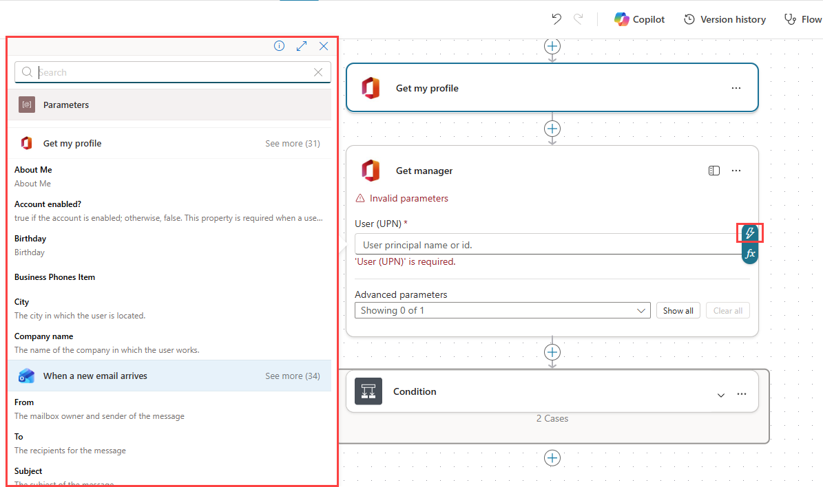 Screenshot of the dynamic content pane in the Copilot Studio agent flow designer, showing available outputs grouped by previous trigger and action steps.