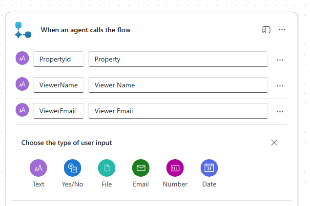 Screenshot of the input parameters pane for a trigger in Copilot Studio.