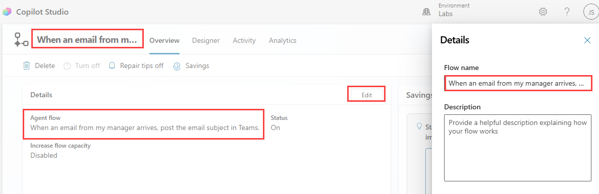 Screenshot of the flow name field in the Edit pane of the workflow overview in Copilot Studio.