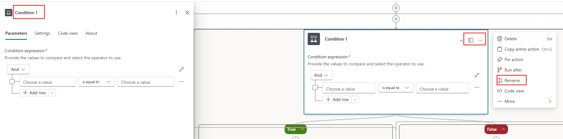 Screenshot showing the Rename option in the action ellipsis menu in the Copilot Studio agent flow designer.