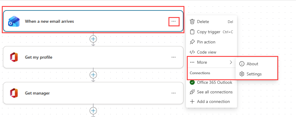 Screenshot of the trigger step settings menu in the Copilot Studio flow designer.