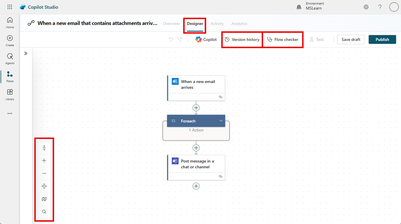Screenshot of an agent flow open in the visual designer in Copilot Studio, showing the canvas, trigger, action steps, and the Copilot pane.