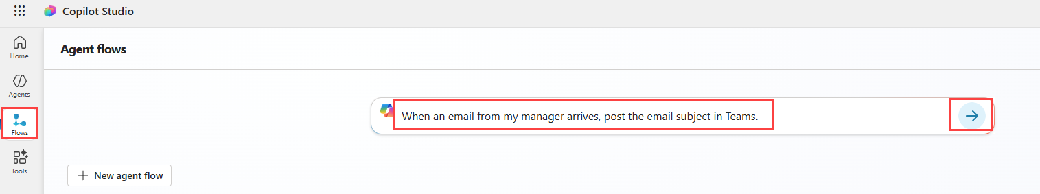 Screenshot of the Copilot text box in Copilot Studio with a natural language prompt entered.