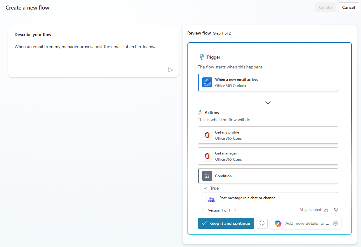 Screenshot of the proposed agent flow in Copilot Studio, showing the trigger and actions Copilot generated.
