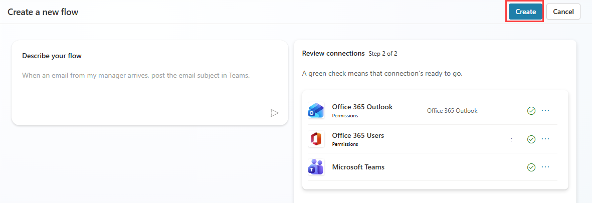 Screenshot of the Review connections step in Copilot Studio, showing connection status for each service.