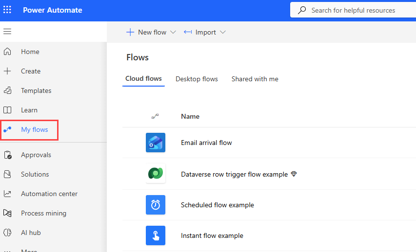 Screenshot of the My flows list in the Power Automate portal.