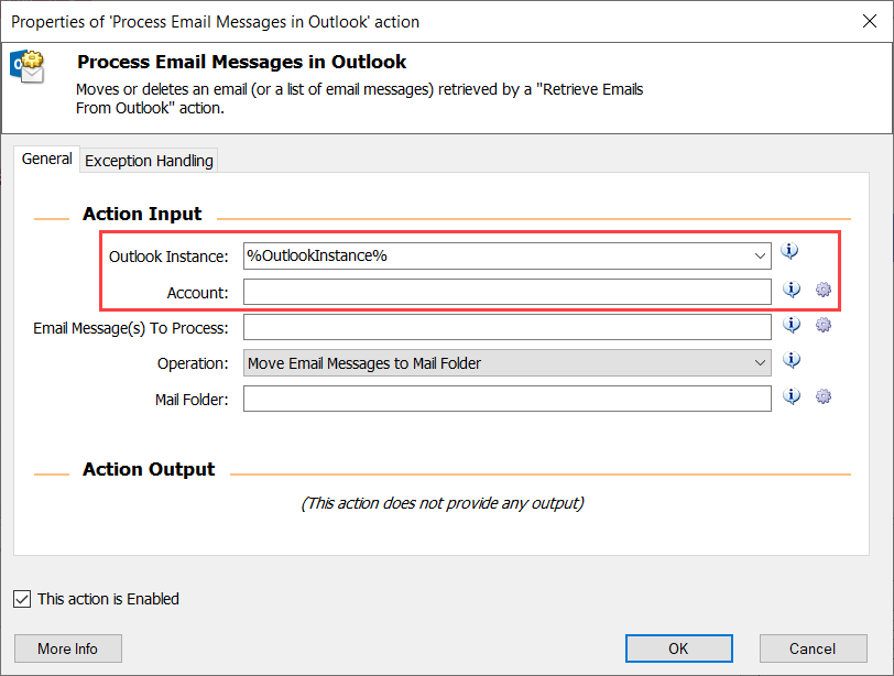 The Outlook Instance and Account fields of the Process Email Messages in Outlook action.