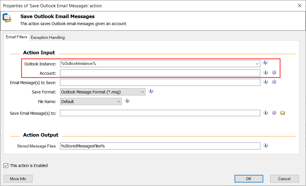 The Outlook Instance and Account fields of the Save Outlook Email Messages action.