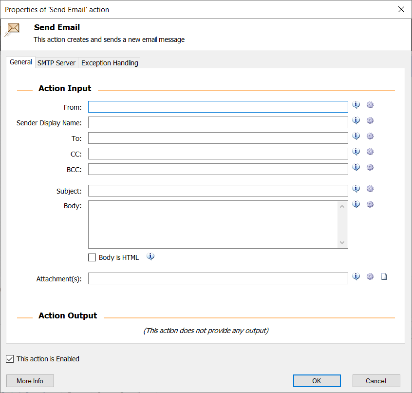 The Send Email action with Action Input fields in which to create the email.