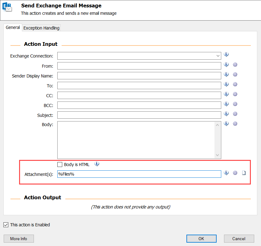 The Body is HTML checkbox and the Attachments files in the Send Exchange Email Message action.