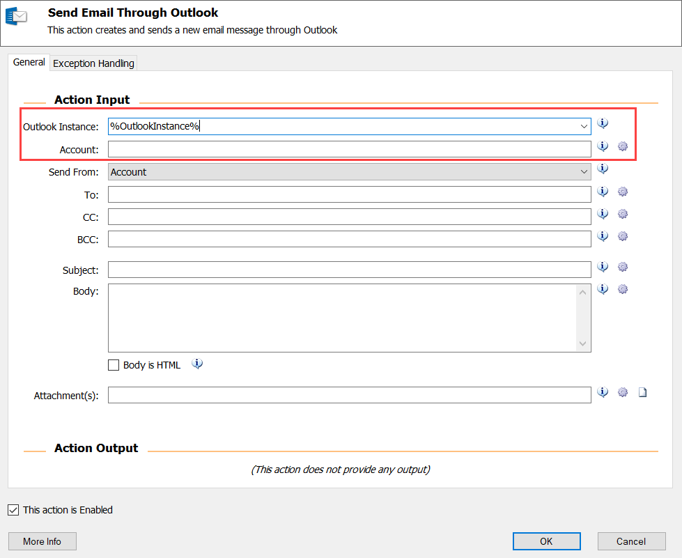 The Outlook Instance and Account fields of the Send Email Through Outlook action.