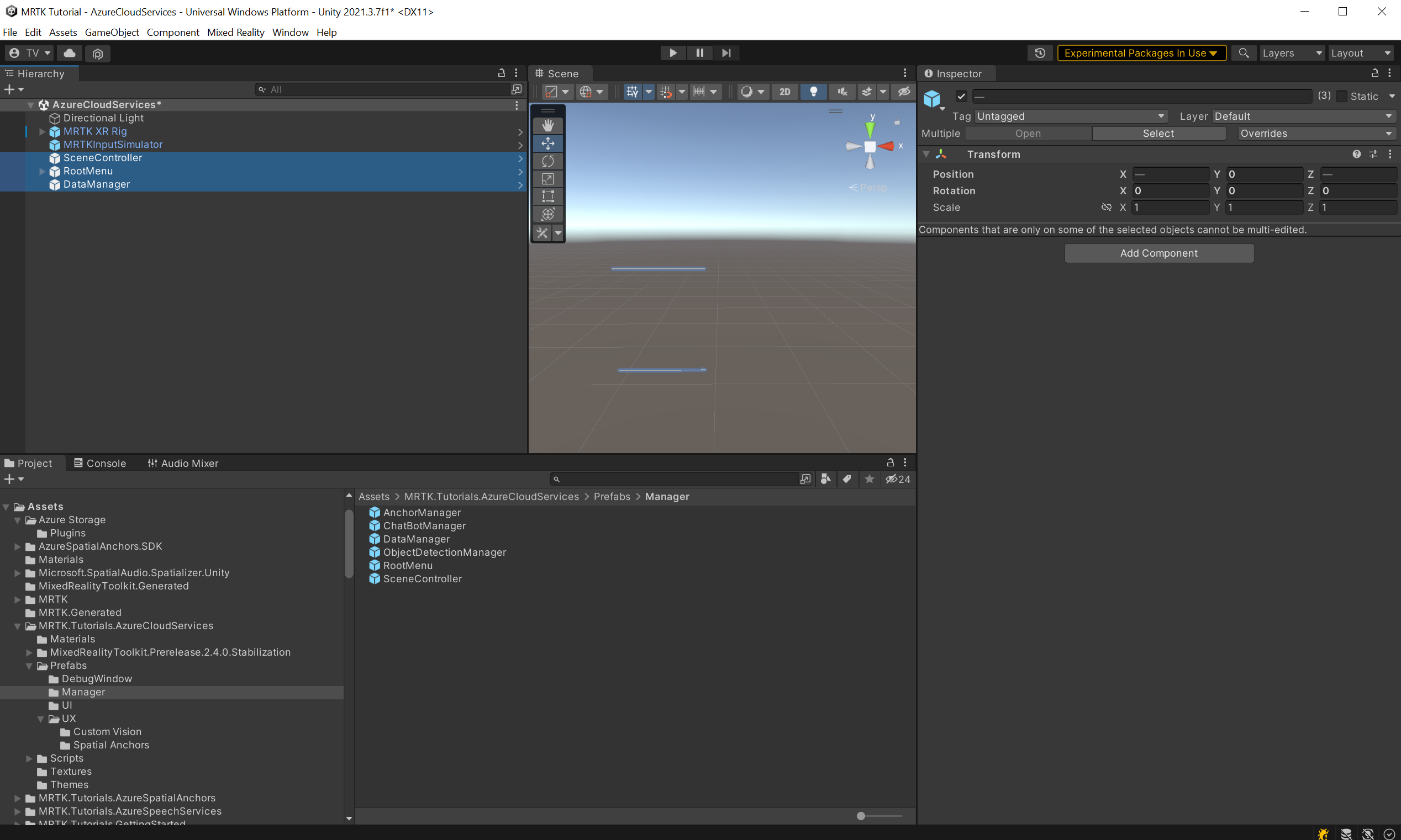 Screenshot of Unity with newly added SceneController, RootMenu and DataManager prefabs still selected.