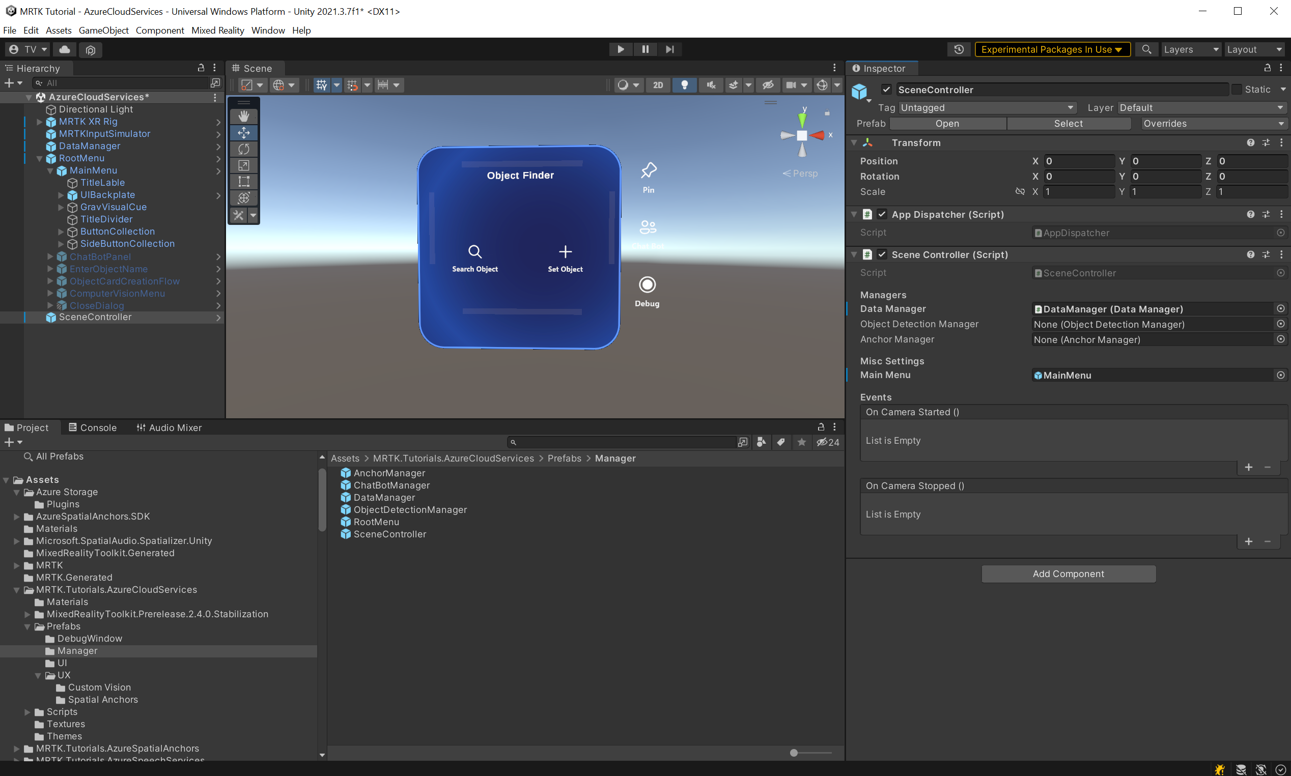 Screenshot of Unity with SceneController configured.