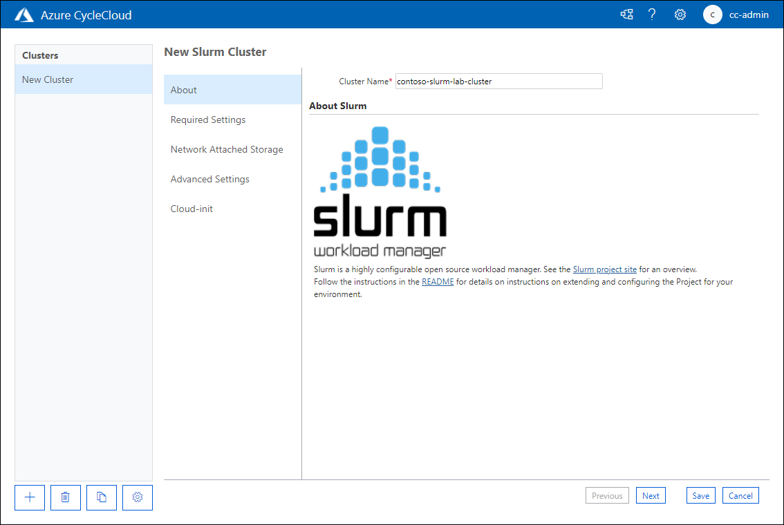 The screenshot depicts the About tab of the New Slurm Cluster page of the Azure CycleCloud web application.