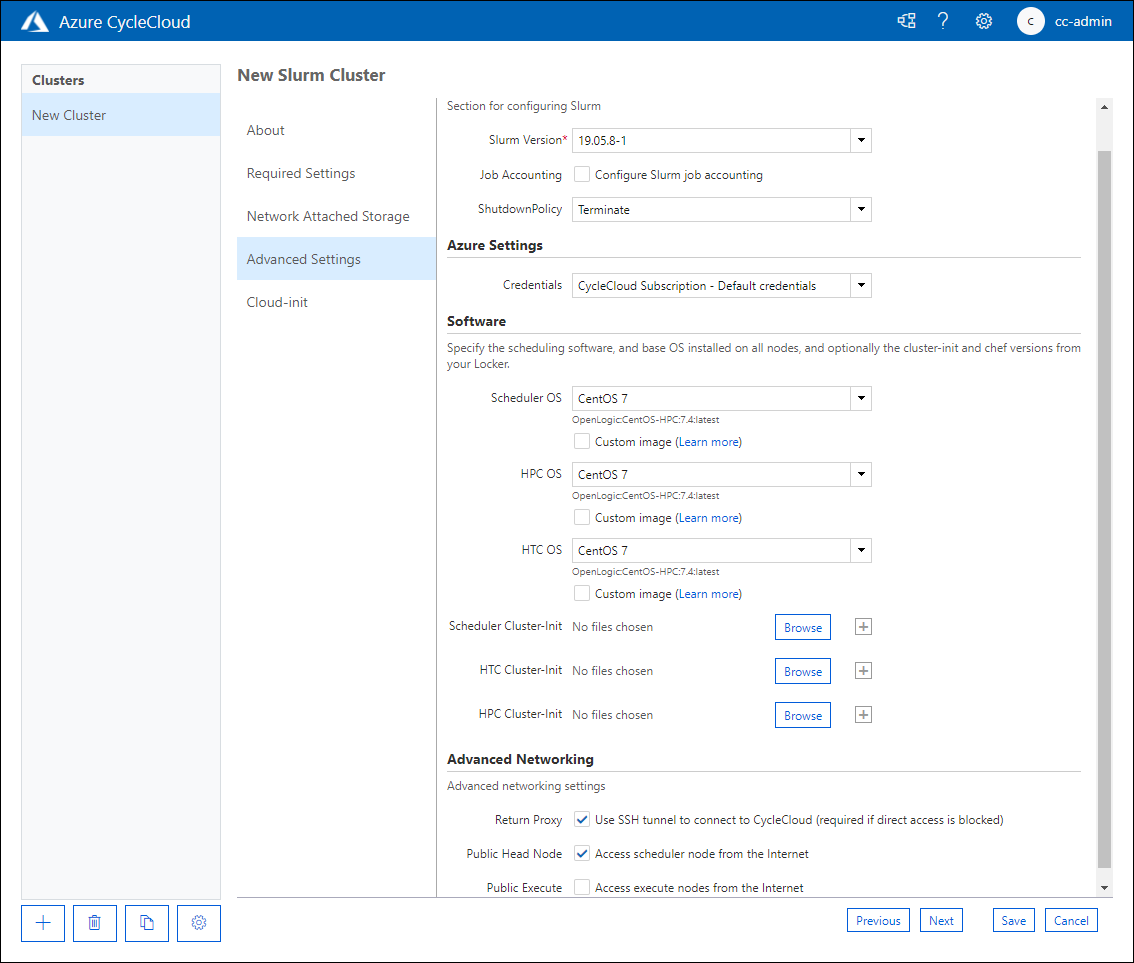 The screenshot depicts the Advanced Settings tab of the New Slurm Cluster page of the Azure CycleCloud web application.