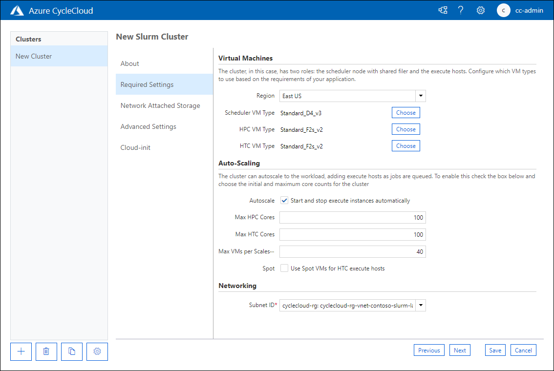 The screenshot depicts the Required Settings tab of the New Slurm Cluster page of the Azure CycleCloud web application.