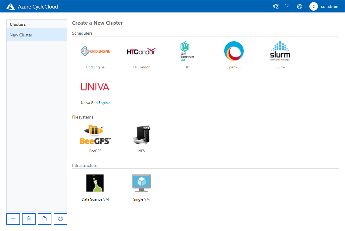 The screenshot depicts the Create a New Cluster page of the Azure CycleCloud web application.