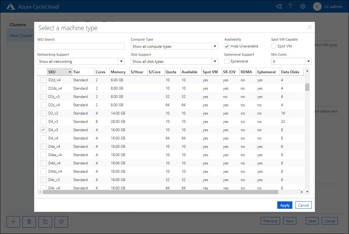 The screenshot depicts the Select a machine type pop-up window tab of the New Slurm Cluster page of the Azure CycleCloud web application.