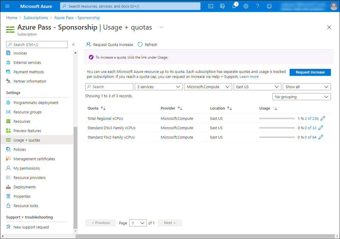 The screenshot depicts the Usage + quotas blade in the Azure portal.