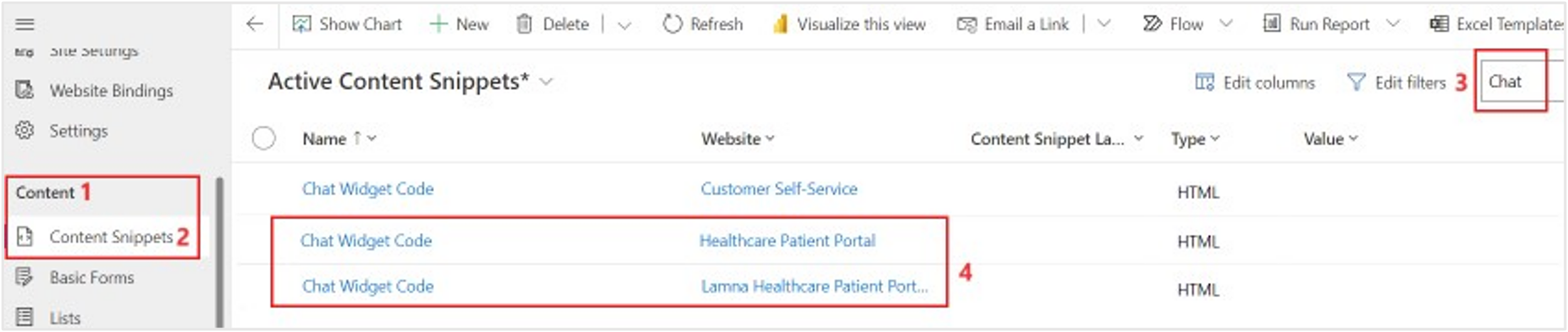 Screenshot of the Content Snippets section on the left navigation menu and chat entered in the search box.