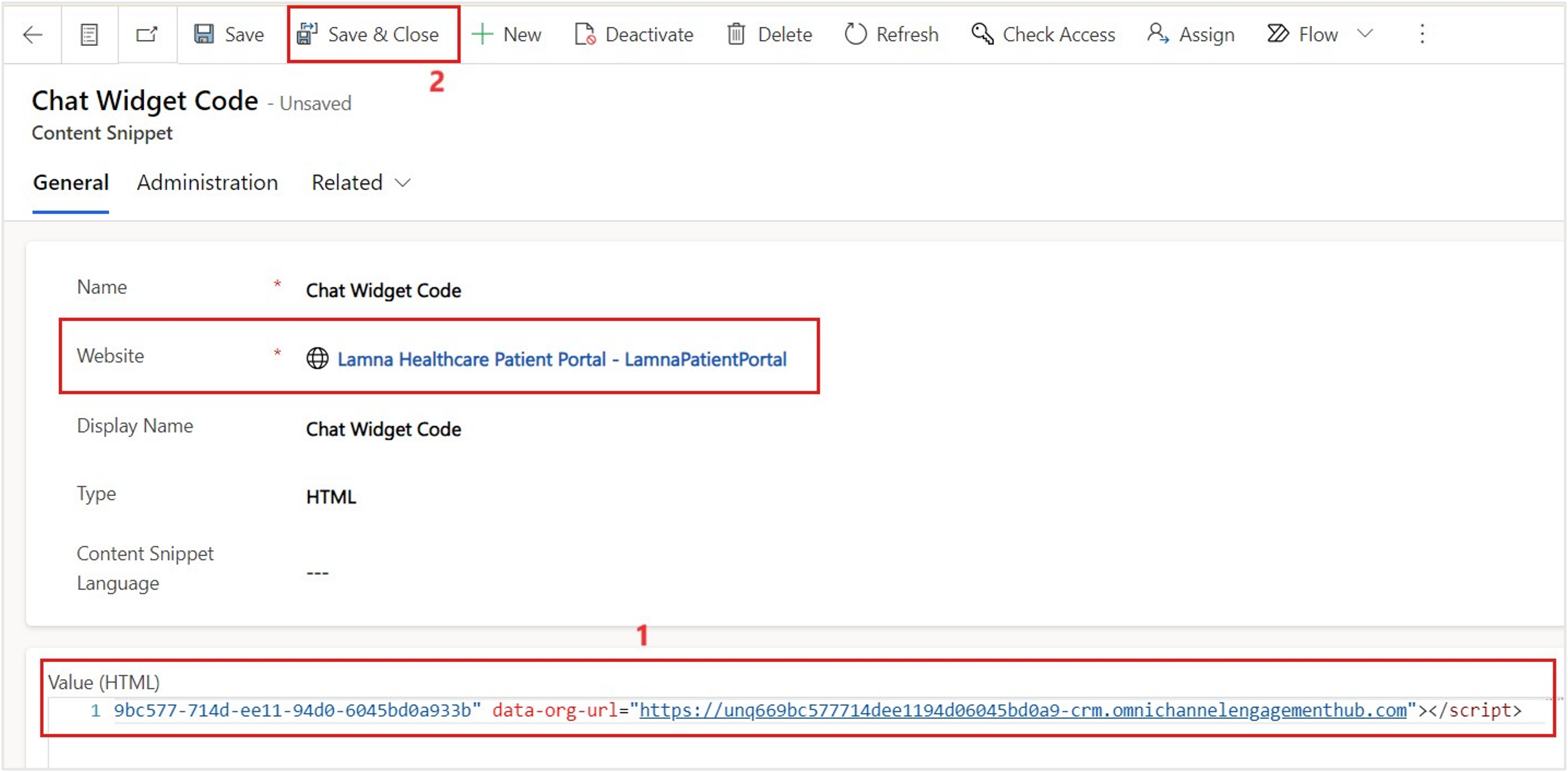 Screenshot of the Chat Widget HTML code snippet on the General tab for the Customer self-service website.