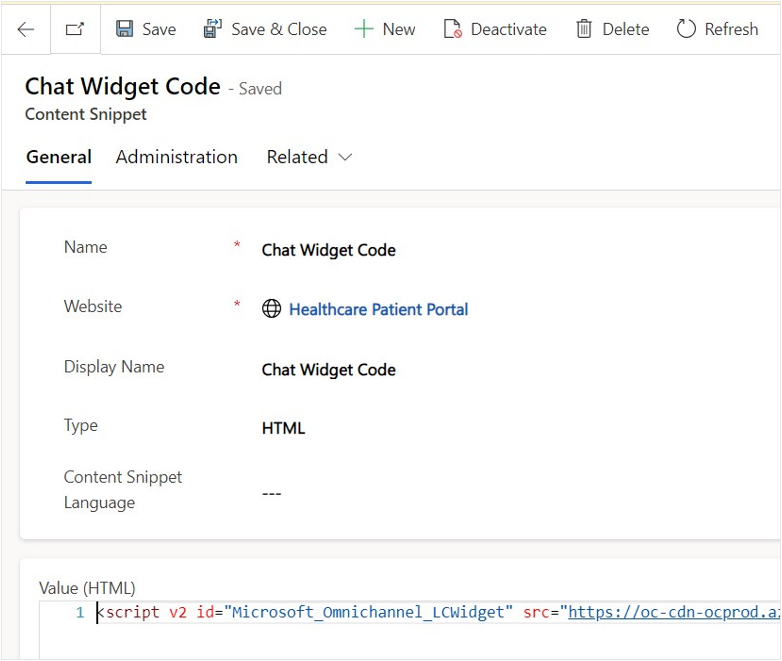Screenshot of the Chat Widget HTML code snippet on the General tab for the Healthcare Patient Portal.