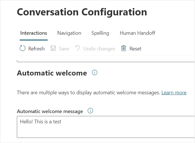 Screenshot of the Automatic welcome message text box in the Conversation Configuration section of the Health Bot menu.