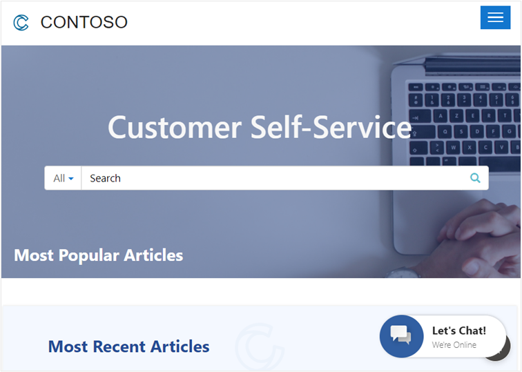 Screenshot of the Customer self-service portal with the Let's Chat button in the lower-right corner.