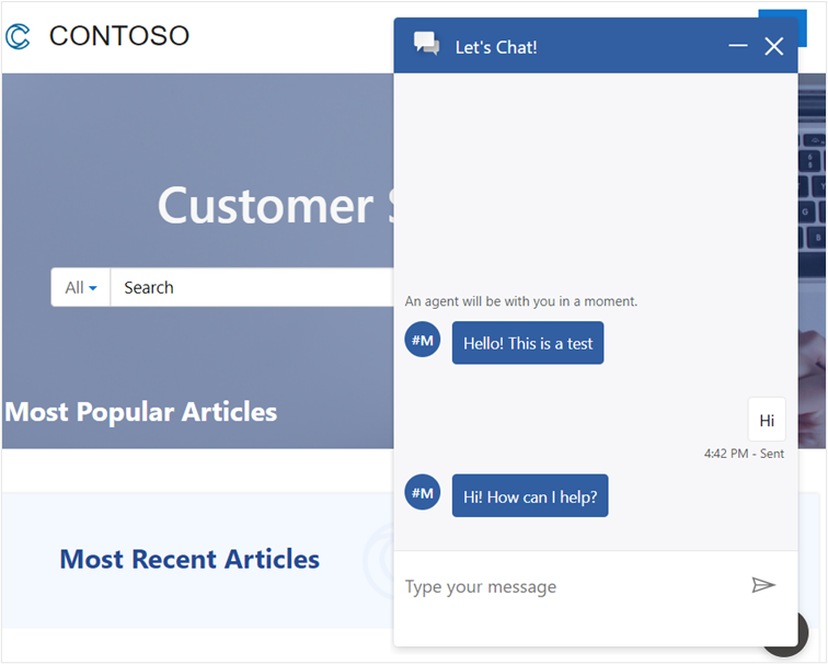 Screenshot of the Customer self-service portal with the Health Bot welcome message displaying in the Let's Chat widget.