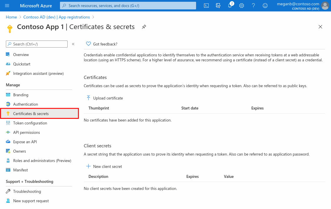 Screenshot highlighting the certificates & secrets blade of an app registered with Microsoft Entra ID on Azure portal