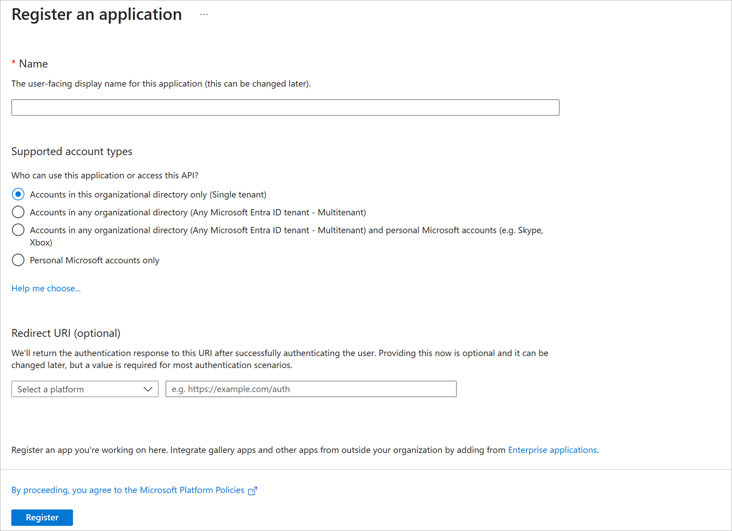 Screenshot showing registration of a new app with Microsoft Entra ID on Azure portal.
