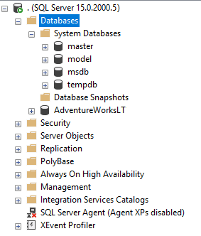 Screenshot of what a SQL Server 2019 deployment looks like in SSMS.