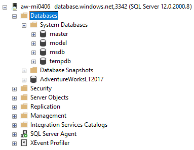 Screenshot of the view of a managed instance in SSMS.