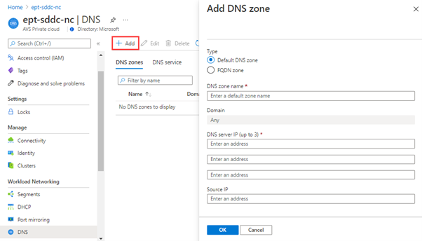 Screenshot of the Azure portal showing where to configure DNS zones under Workload Networking.