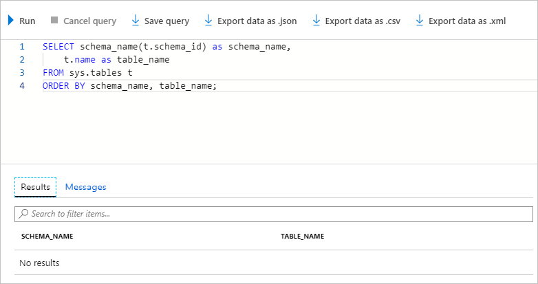 Screenshot that shows no results returned after querying for the tables in the database.