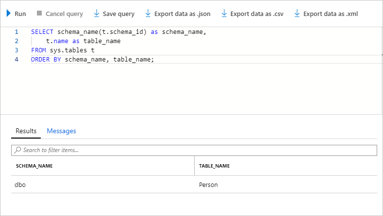 Screenshot showing results after querying for the tables in the database.