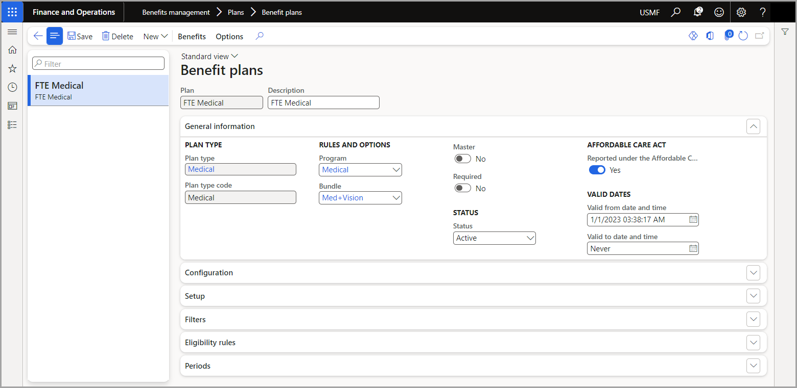 Screenshot of the Benefit plans page in Human Resources.