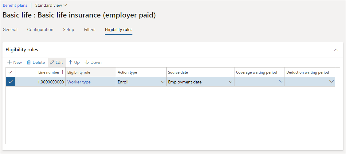 Screenshot of the Benefit plans Eligibility rules tab.