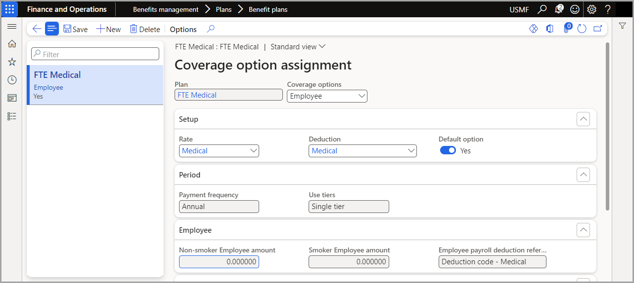 Screenshot of the Coverage option assignment page.