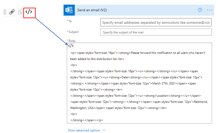 Screenshot of the code view option to switch between rich text and HTML.
