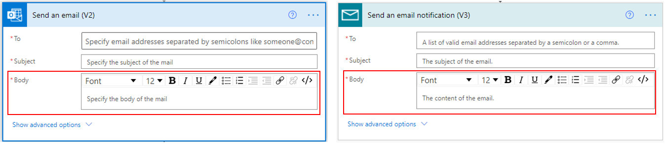 Screenshot of the send email actions to format the email body.