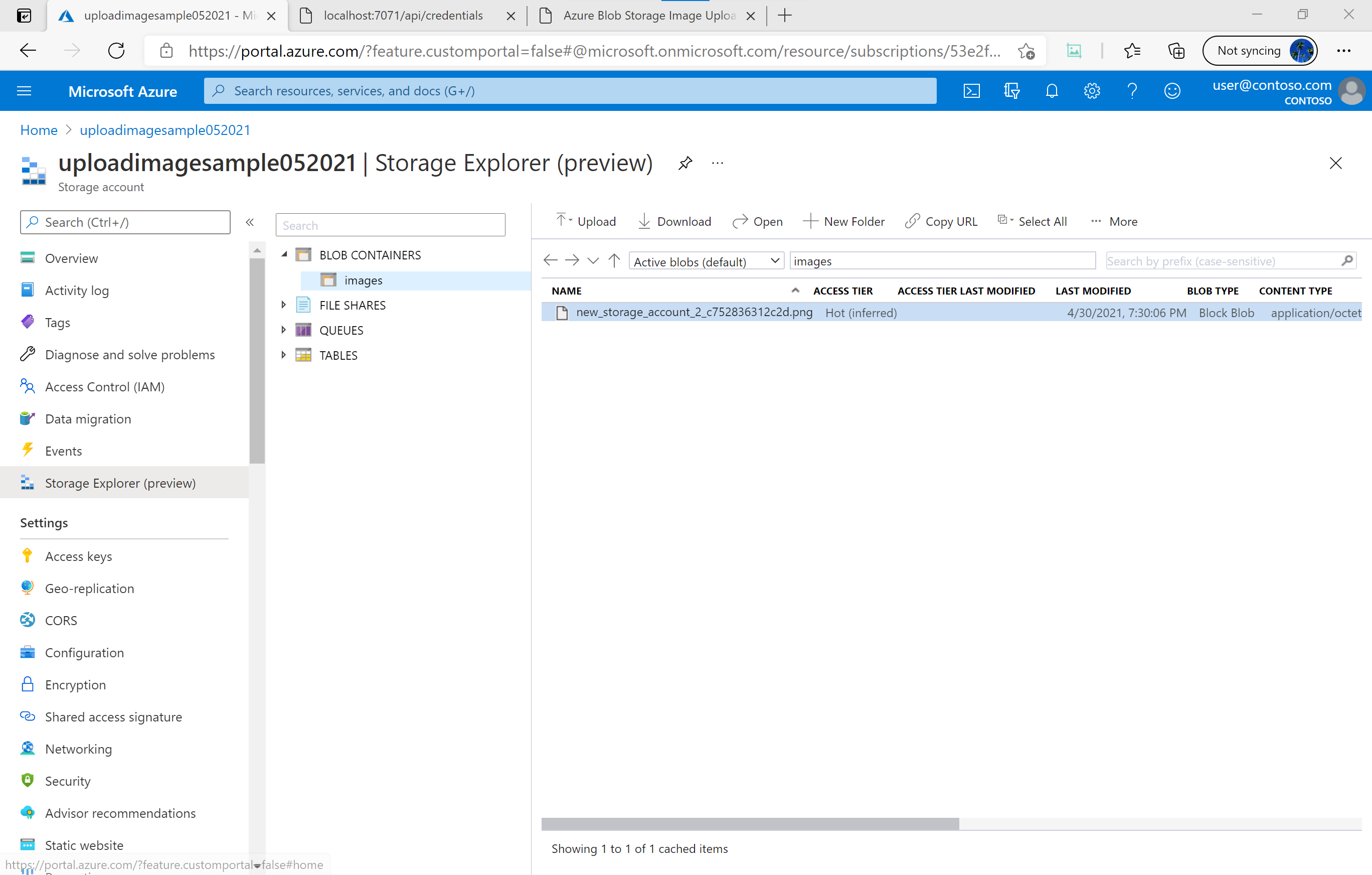 Screenshot of the Storage browser listing the uploaded image