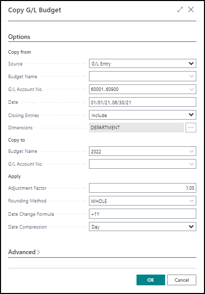 Screenshot showing an example on the Copy G/L budget page.
