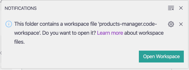 Screenshot of Visual Studio Code notification prompt to open workspace.