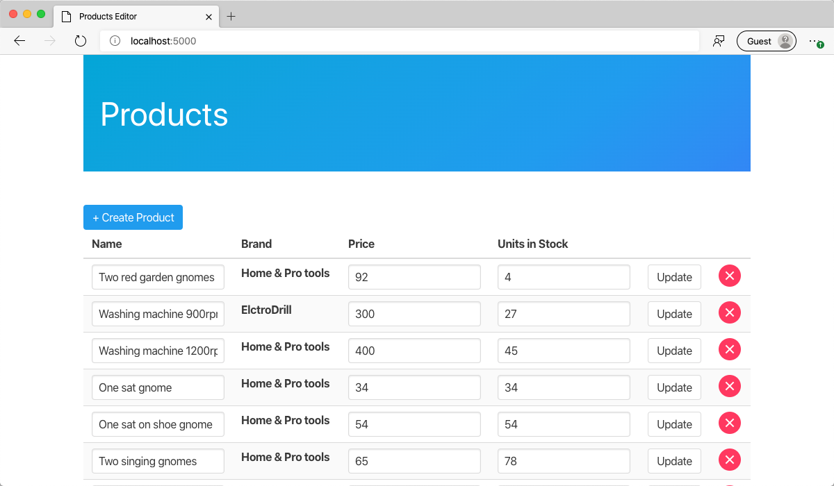 Screenshot of web browser displaying the Products Manager application shown populated with data.