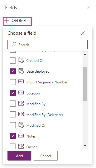 Screenshot of the fields dialog box with Add field highlighted and several boxes checked next to columns we want to add to the view. 